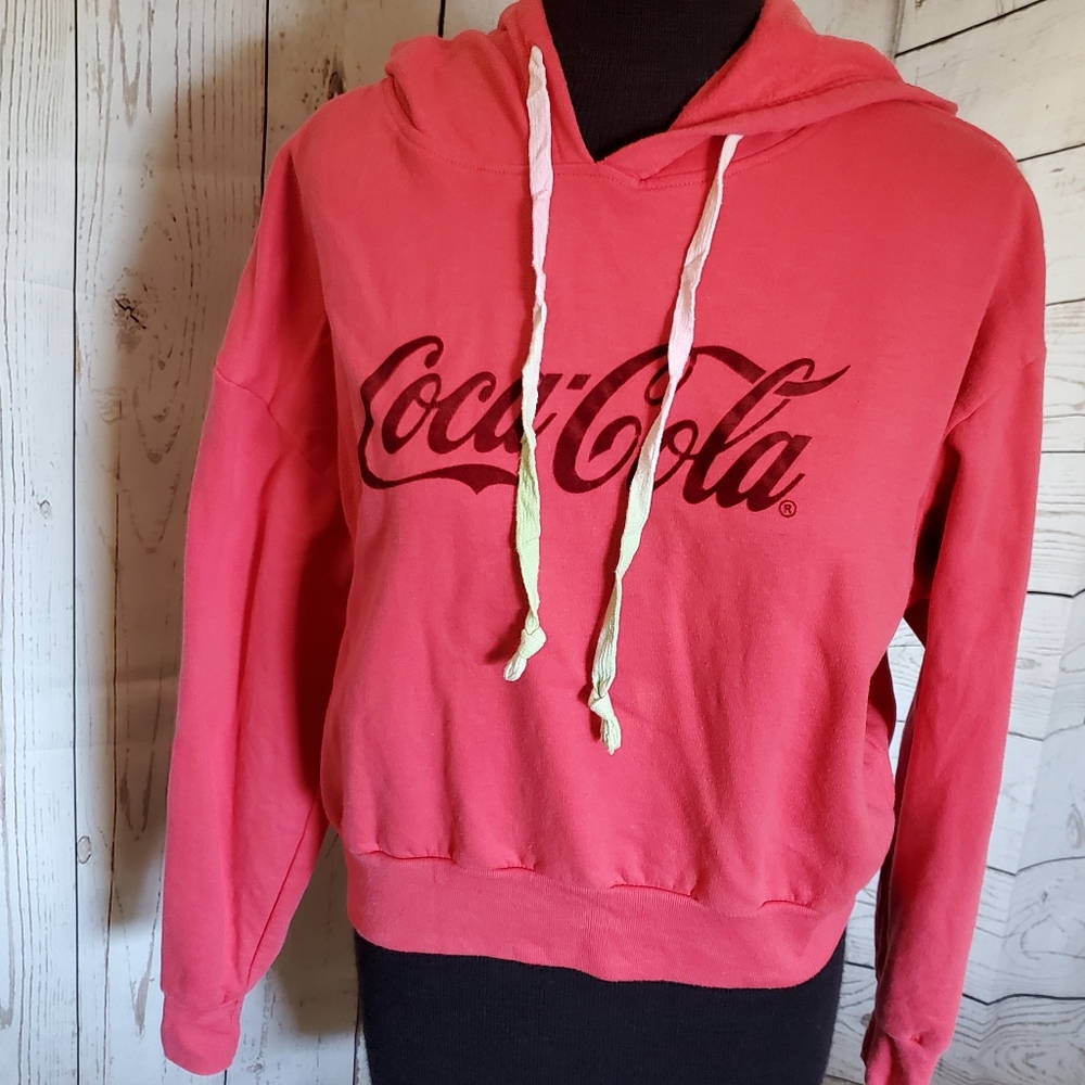 Coca-Cola fleece cropped hoodie coral with burgundy velvet logo juniors Large